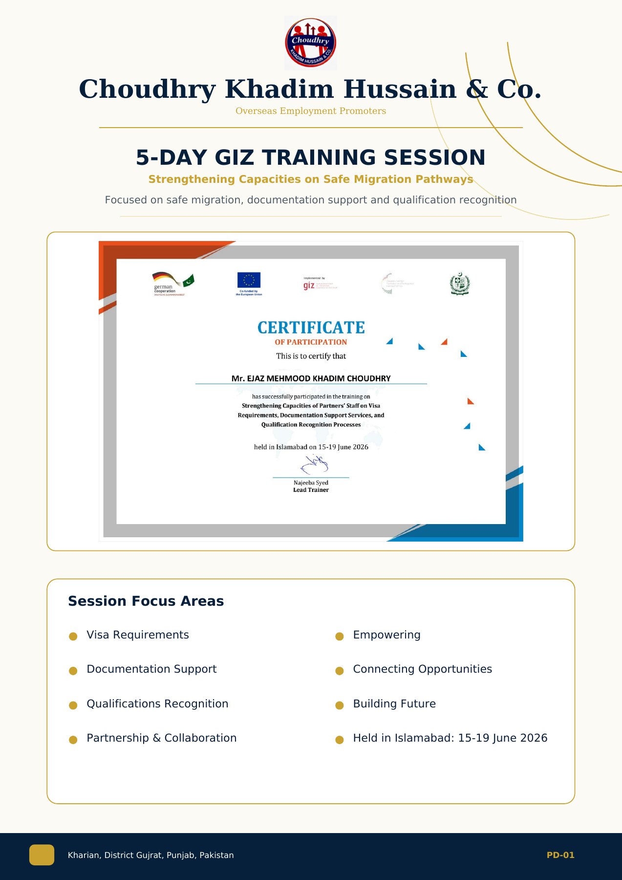 Certificate of participation awarded to Ejaz Mehmood Khadim Choudhry for the GIZ training in Islamabad, 15–19 June 2026