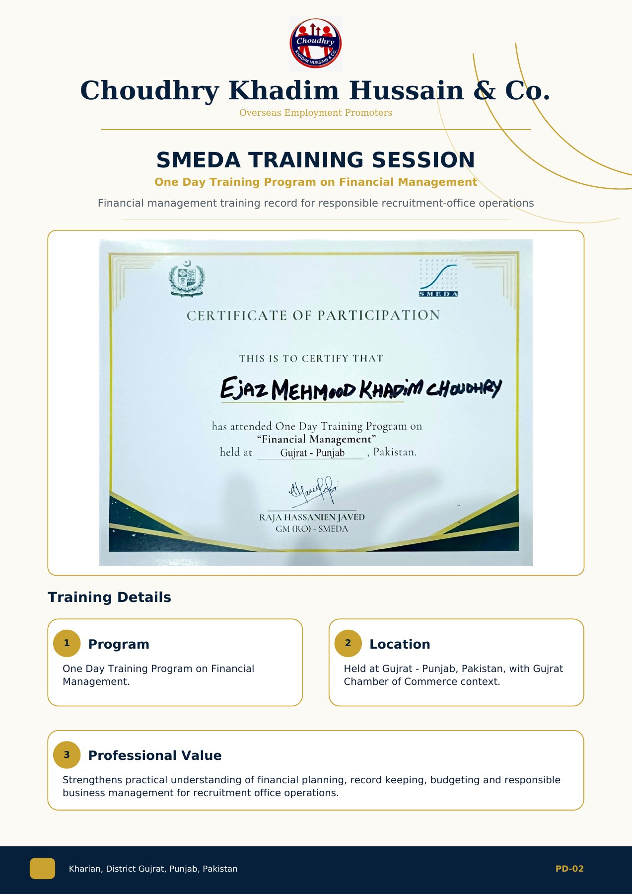 SMEDA financial management training certificate displayed in the supplied company profile