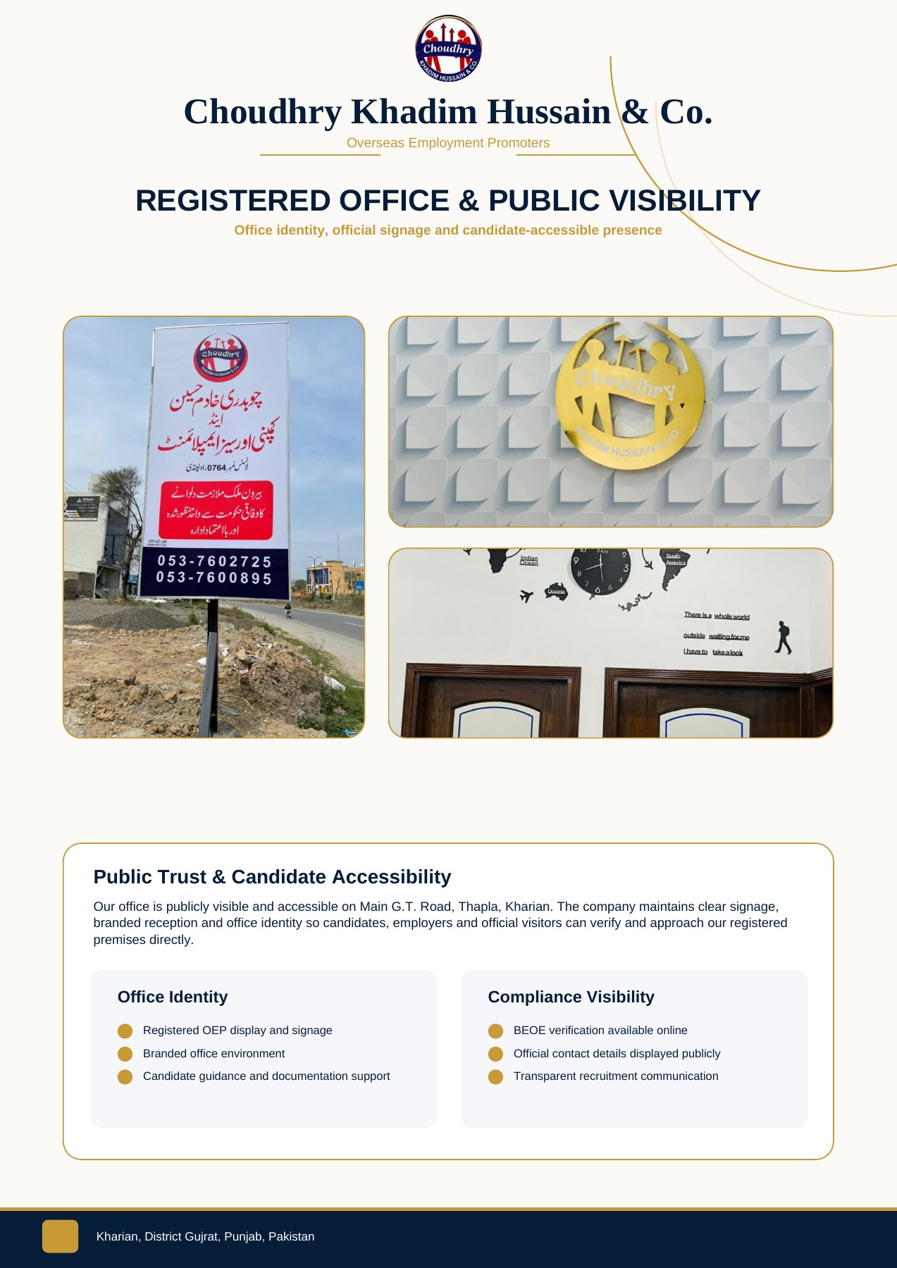Photographs of the company signboard, reception and registered office visibility in Kharian